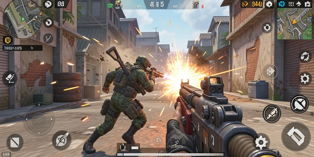 Screenshot gameplay 3446 yang penuh aksi tembak-menembak.