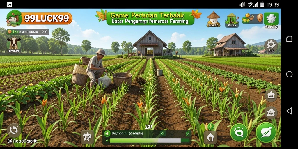Screenshot gameplay 99LUCK99 menampilkan lahan pertanian yang subur dan hewan ternak.