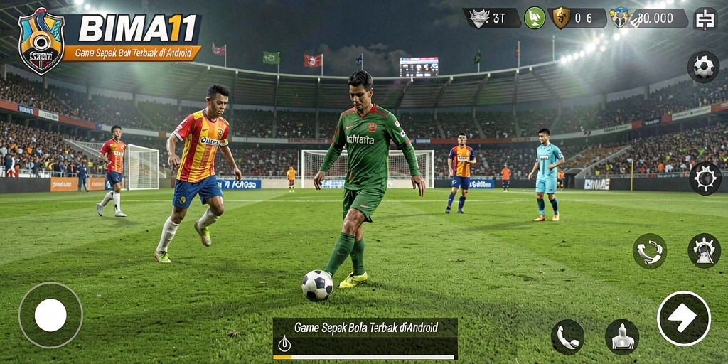 Screenshot permainan BIMA11 menampilkan aksi pertandingan sepak bola yang seru.