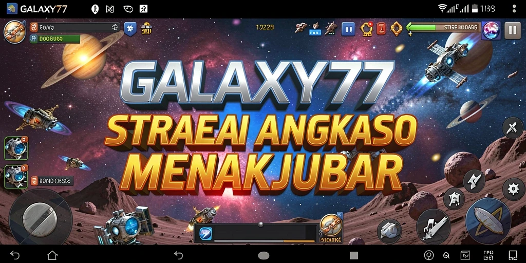 Screenshot gameplay GALAXY77 yang menunjukkan pertarungan strategis luar angkasa.