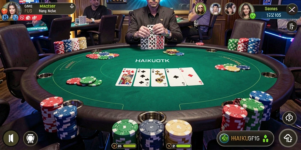 Screenshot gameplay HAIKUOTK yang menampilkan aksi poker yang seru.