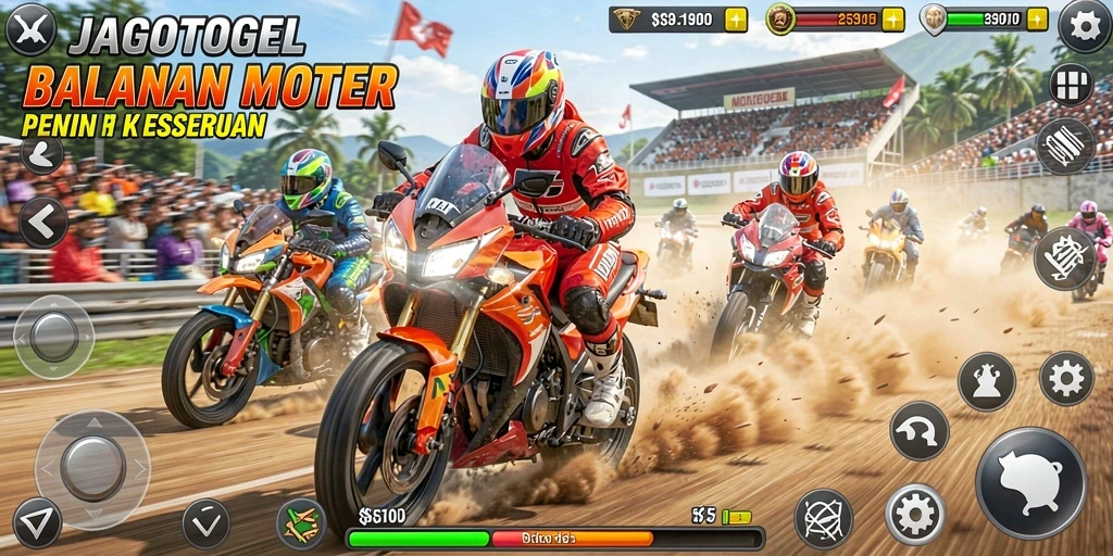Tampilan seru gameplay JAGOTOGEL dengan aksi balapan motor.