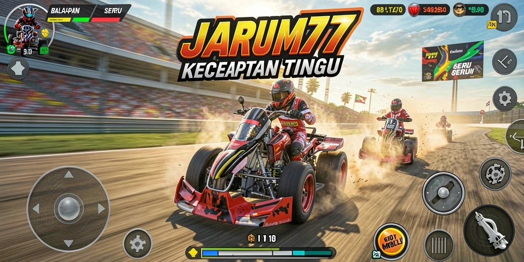 Screenshot gameplay JARUM77 menampilkan balapan mendebarkan di trek yang penuh tantangan.