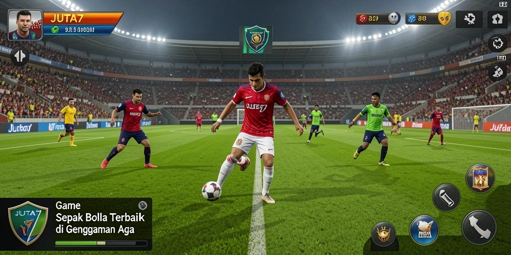 Tampilan gameplay seru dari JUTA7 yang menggambarkan aksi sepak bola.
