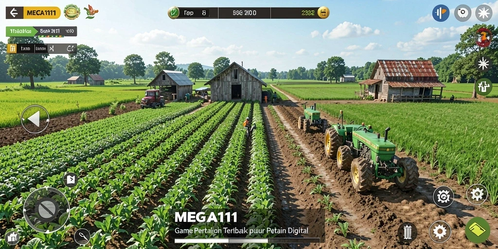 Tangkapan layar dari gameplay <strong>MEGA111</strong> yang menampilkan ladang yang indah dan penuh tanaman.