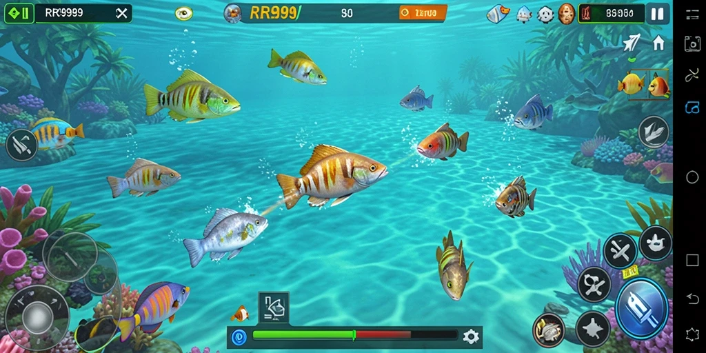 Screenshot gameplay menunjukkan aksi seru menembak ikan.