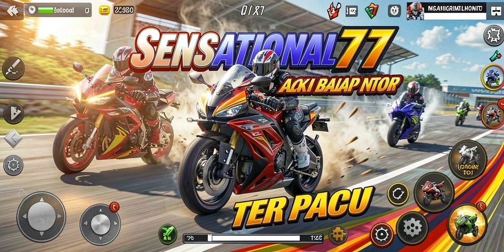 Screenshot menunjukkan balapan seru dalam SENSATIONAL77 dengan motor yang bertenaga.